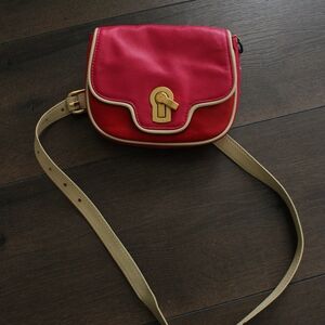 Pink Leather Crossbody Bag with Beige Strap